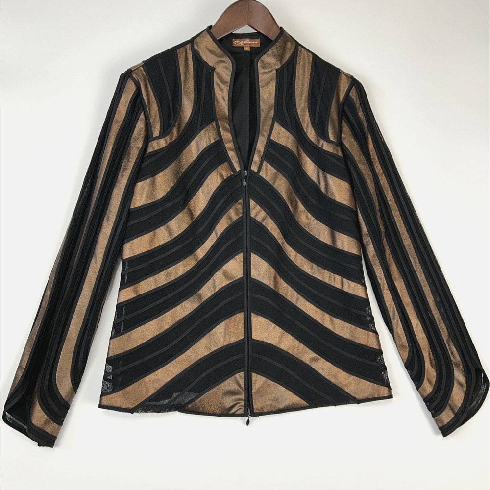 Obstinee Ika Womens Structured Illusion Jacket Size 8 Brown Sheer Zip Up‎ Modern